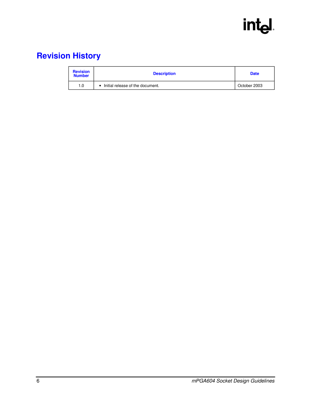 Intel mPGA604 manual Revision History 