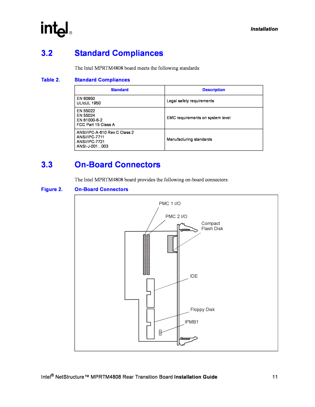 Intel MPRTM4808 manual 3.2Standard Compliances, 3.3On-BoardConnectors, Installation, Table 