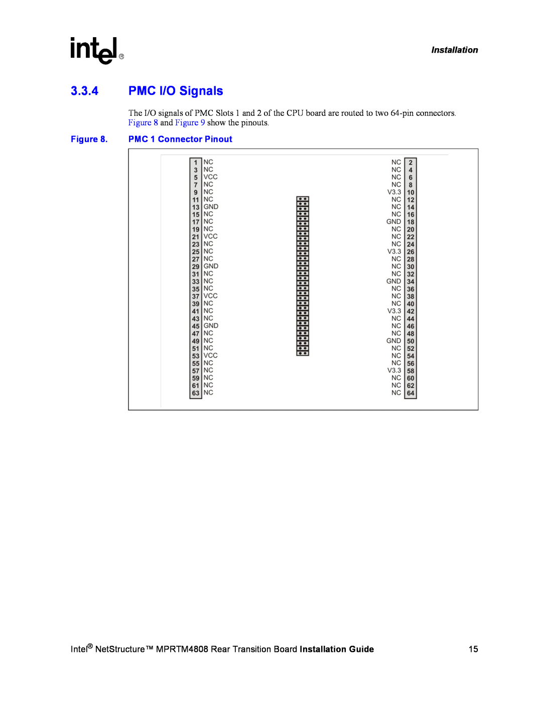 Intel MPRTM4808 manual 3.3.4PMC I/O Signals, PMC 1 Connector Pinout, Installation 