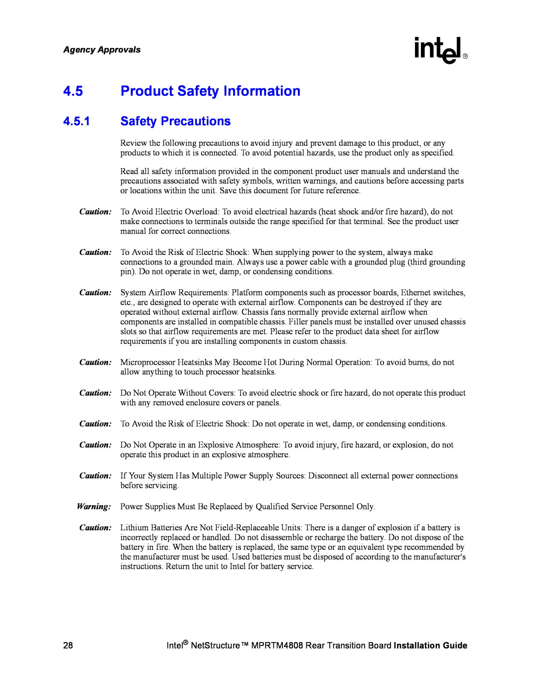 Intel MPRTM4808 manual 4.5Product Safety Information, 4.5.1Safety Precautions, Agency Approvals 