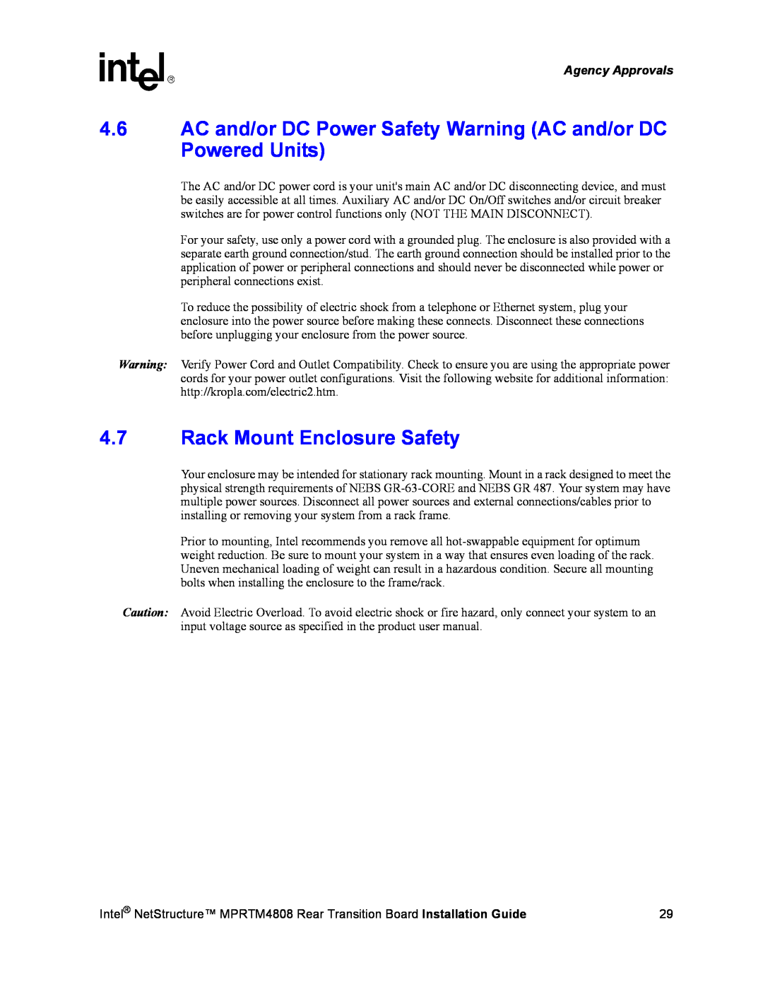 Intel MPRTM4808 manual 4.7Rack Mount Enclosure Safety, Agency Approvals 