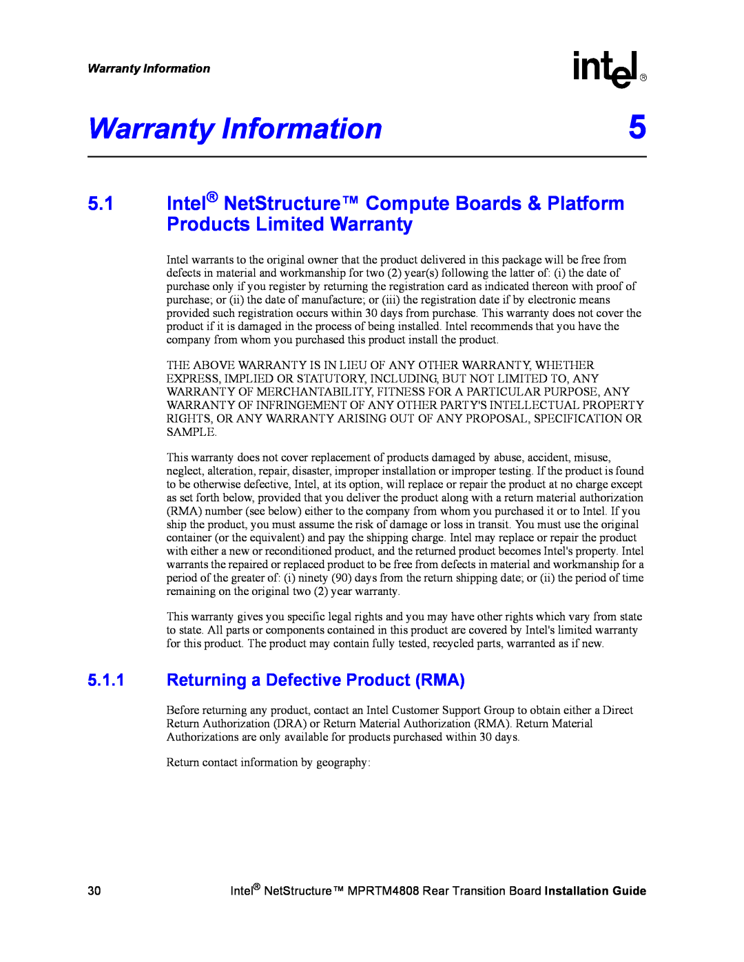 Intel MPRTM4808 manual Warranty Information, 5.1.1Returning a Defective Product RMA 