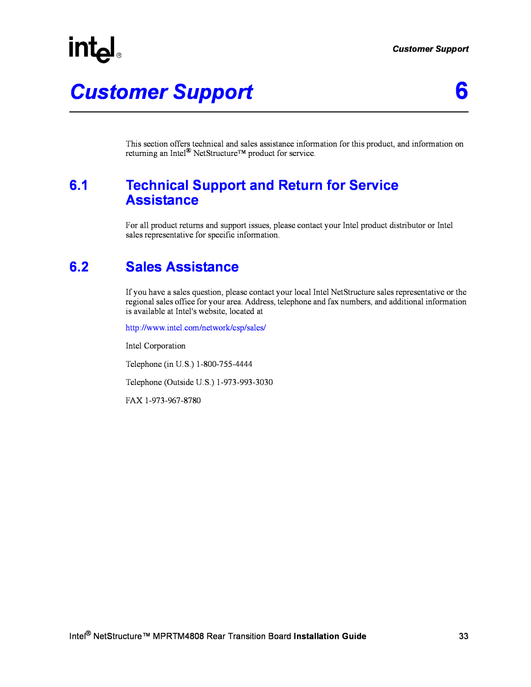 Intel MPRTM4808 manual Customer Support, 6.2Sales Assistance 