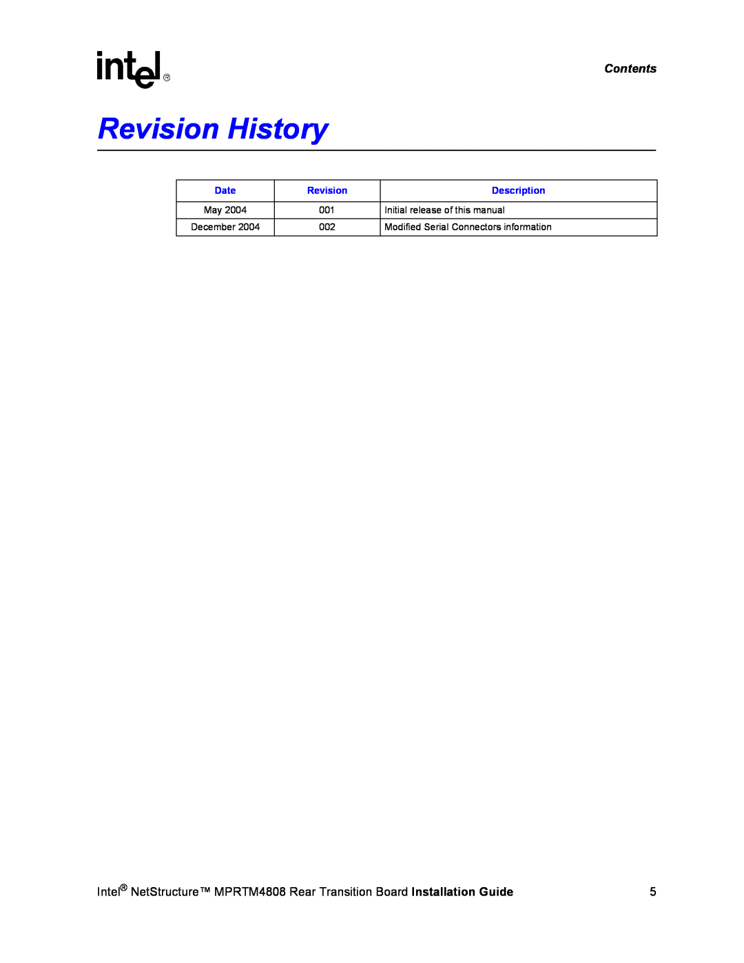 Intel MPRTM4808 manual Revision History, Contents, Date, Description 