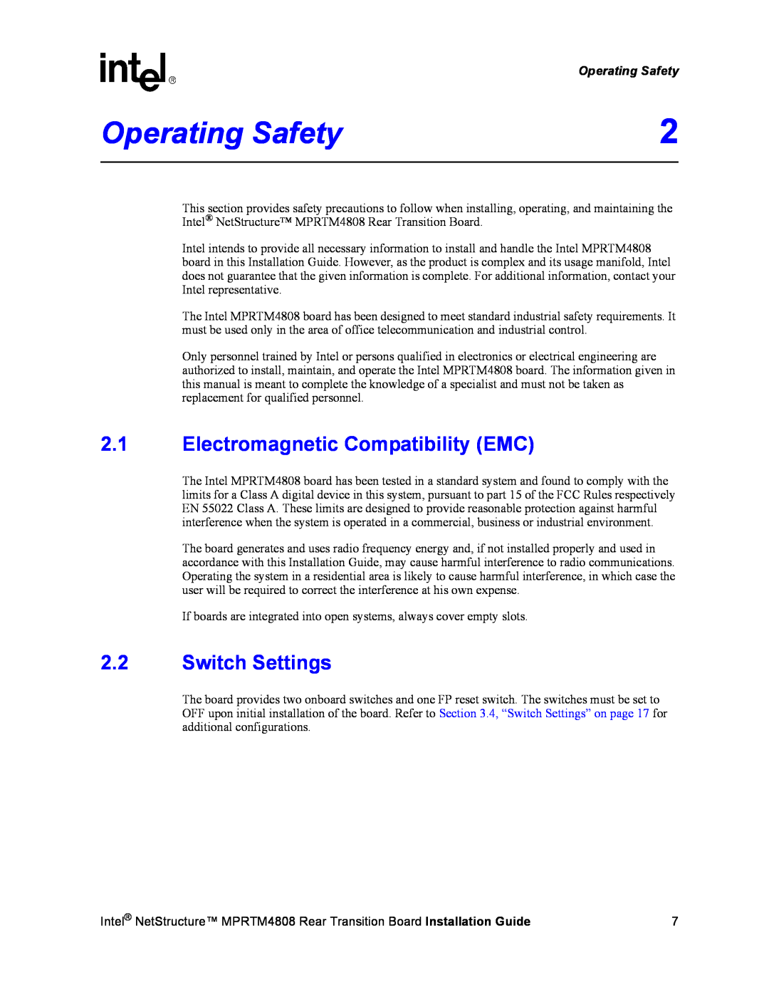 Intel MPRTM4808 manual Operating Safety, 2.1Electromagnetic Compatibility EMC, 2.2Switch Settings 
