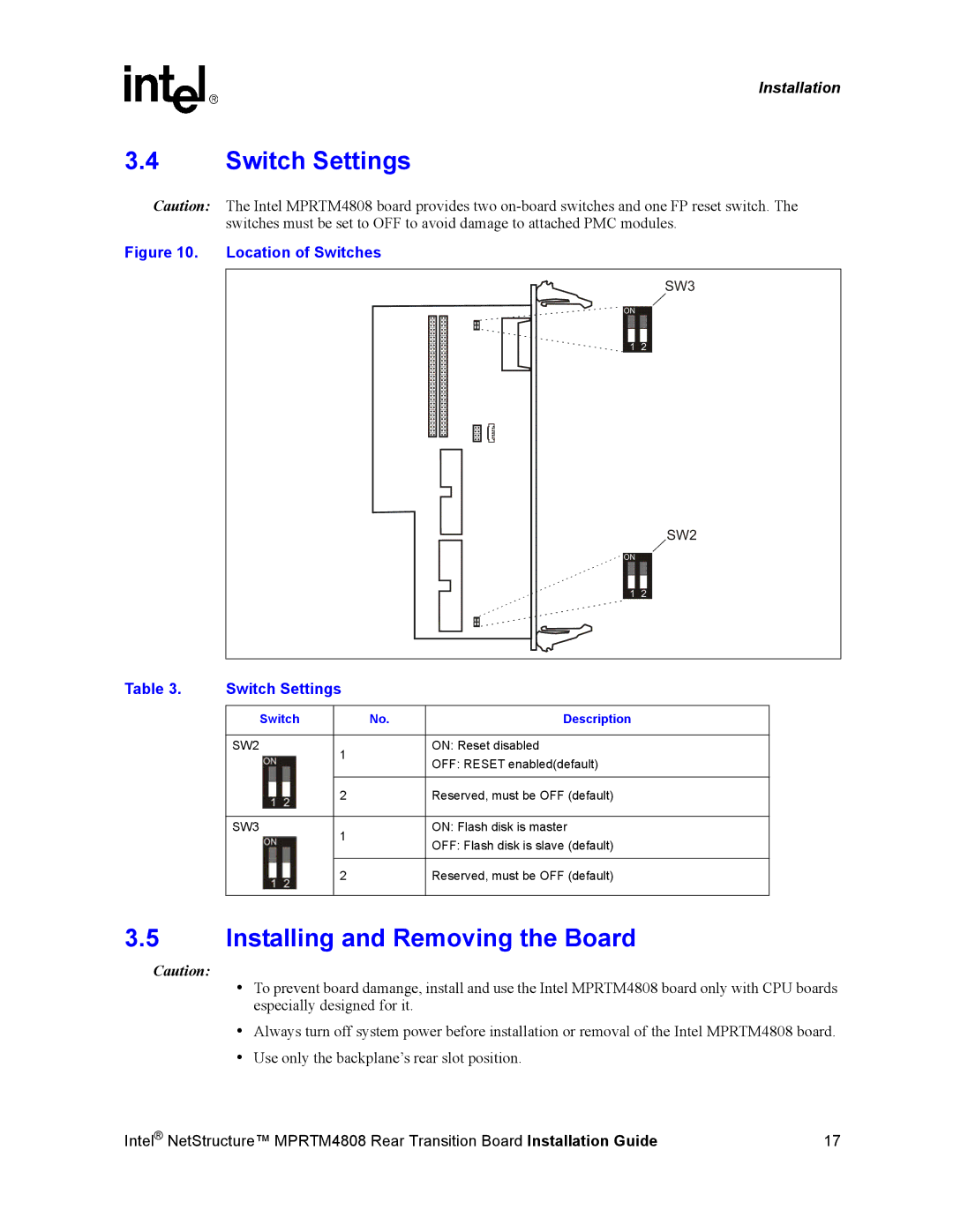 Intel MPRTM4808 manual Installing and Removing the Board, Switch Description 