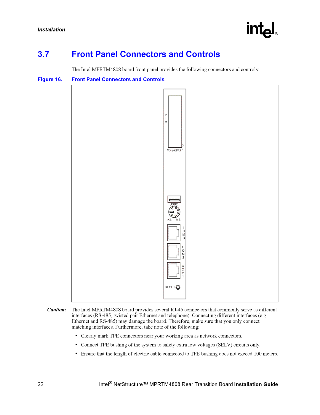 Intel MPRTM4808 manual Front Panel Connectors and Controls 