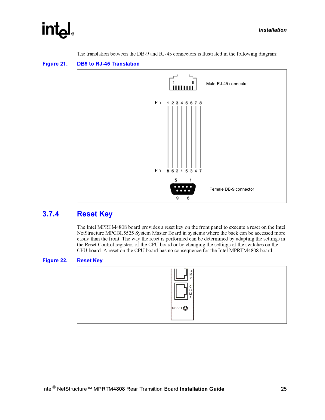 Intel MPRTM4808 manual Reset Key, DB9 to RJ-45 Translation 