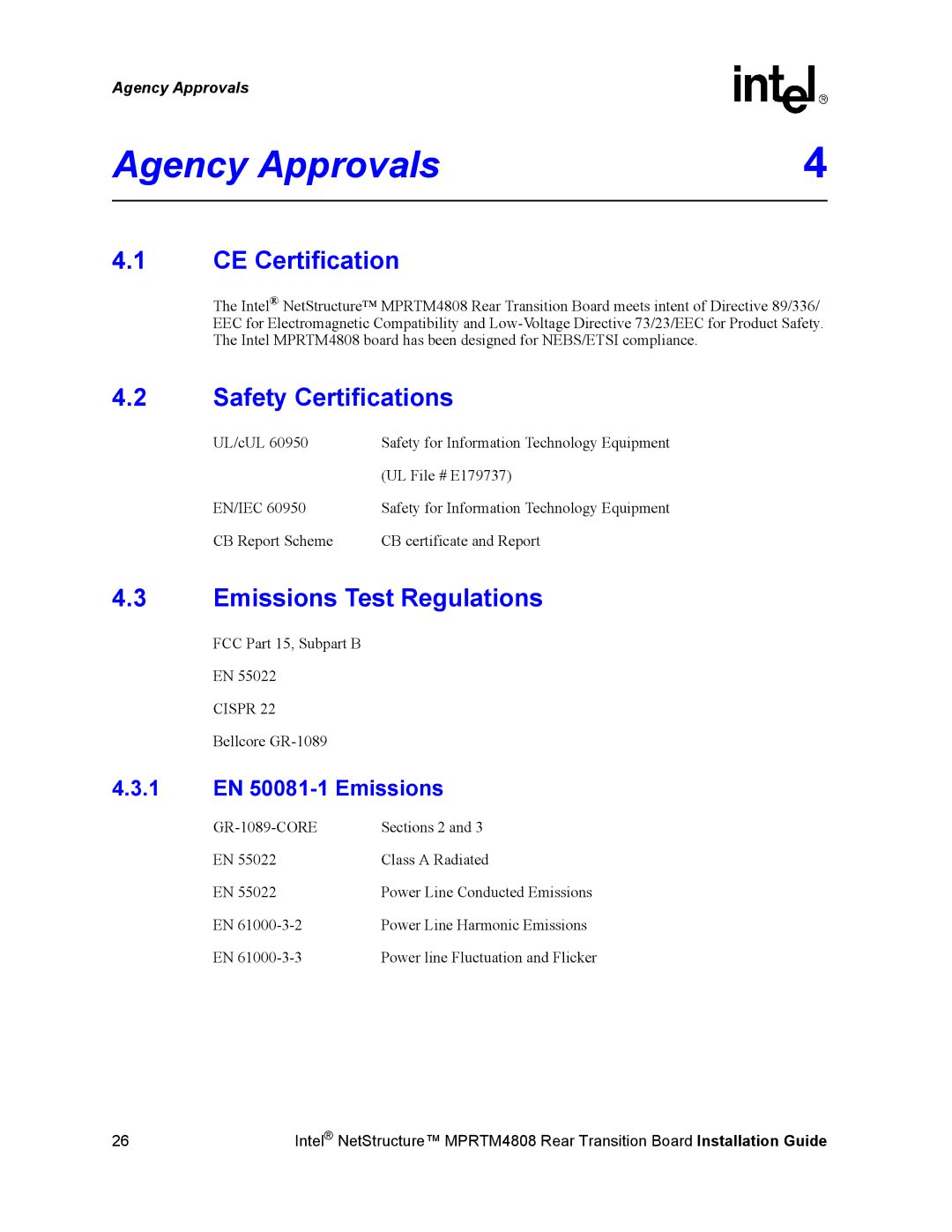 Intel MPRTM4808 manual Agency Approvals, CE Certification, Safety Certifications, Emissions Test Regulations 