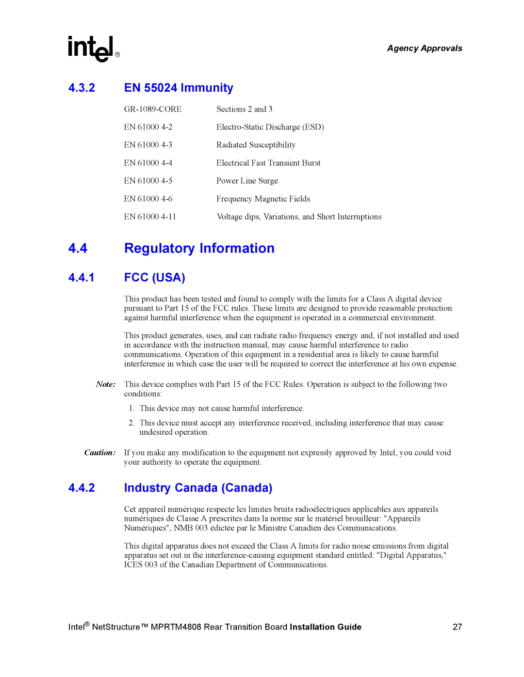 Intel MPRTM4808 manual Regulatory Information, 2 EN 55024 Immunity, Fcc Usa, Industry Canada Canada 