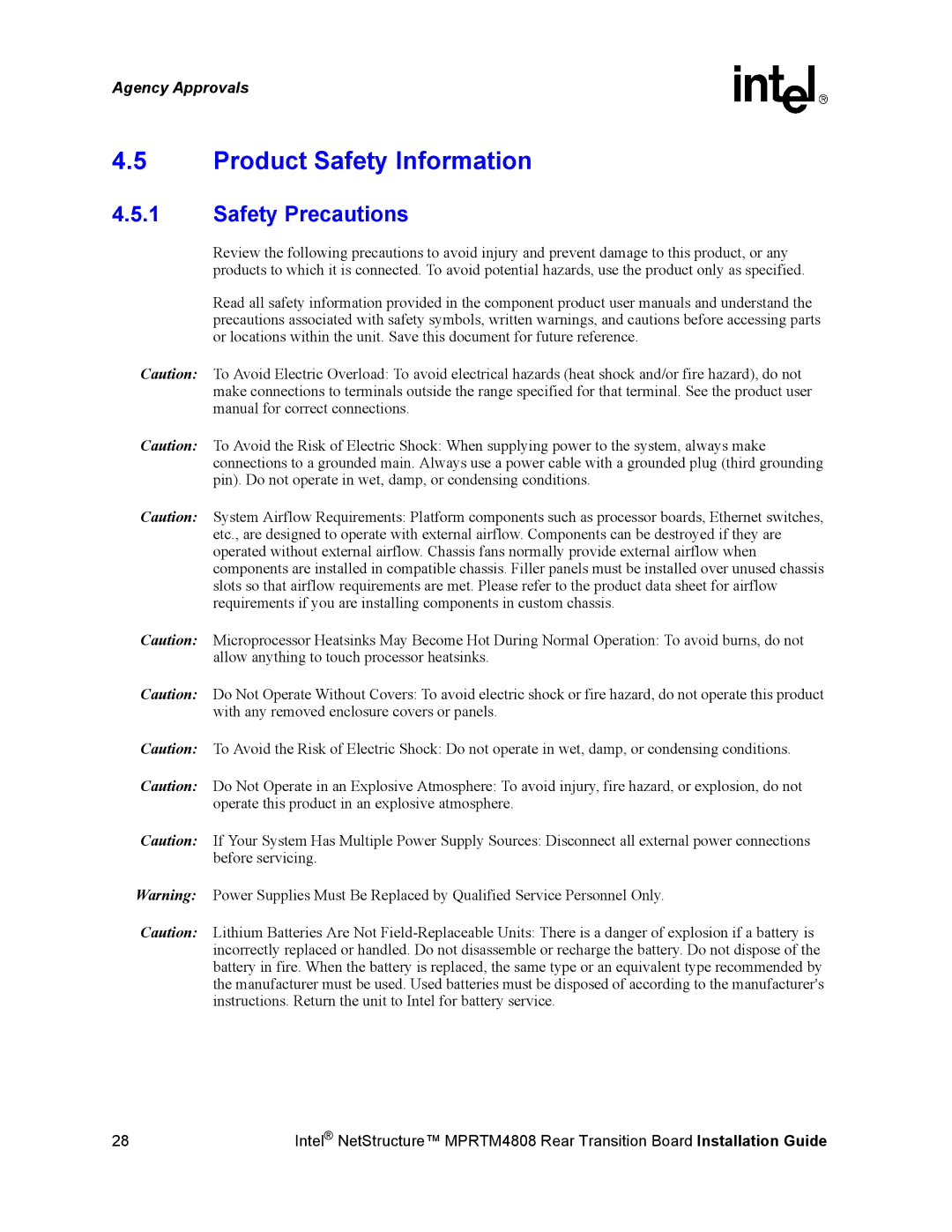 Intel MPRTM4808 manual Product Safety Information, Safety Precautions 