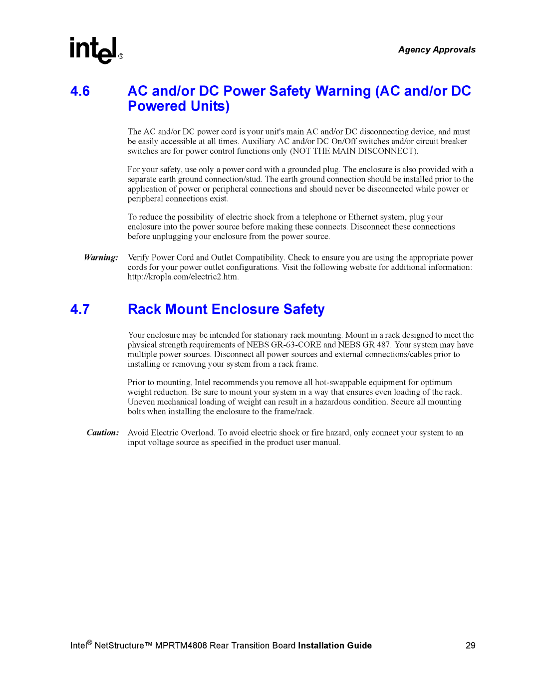 Intel MPRTM4808 manual AC and/or DC Power Safety Warning AC and/or DC Powered Units, Rack Mount Enclosure Safety 