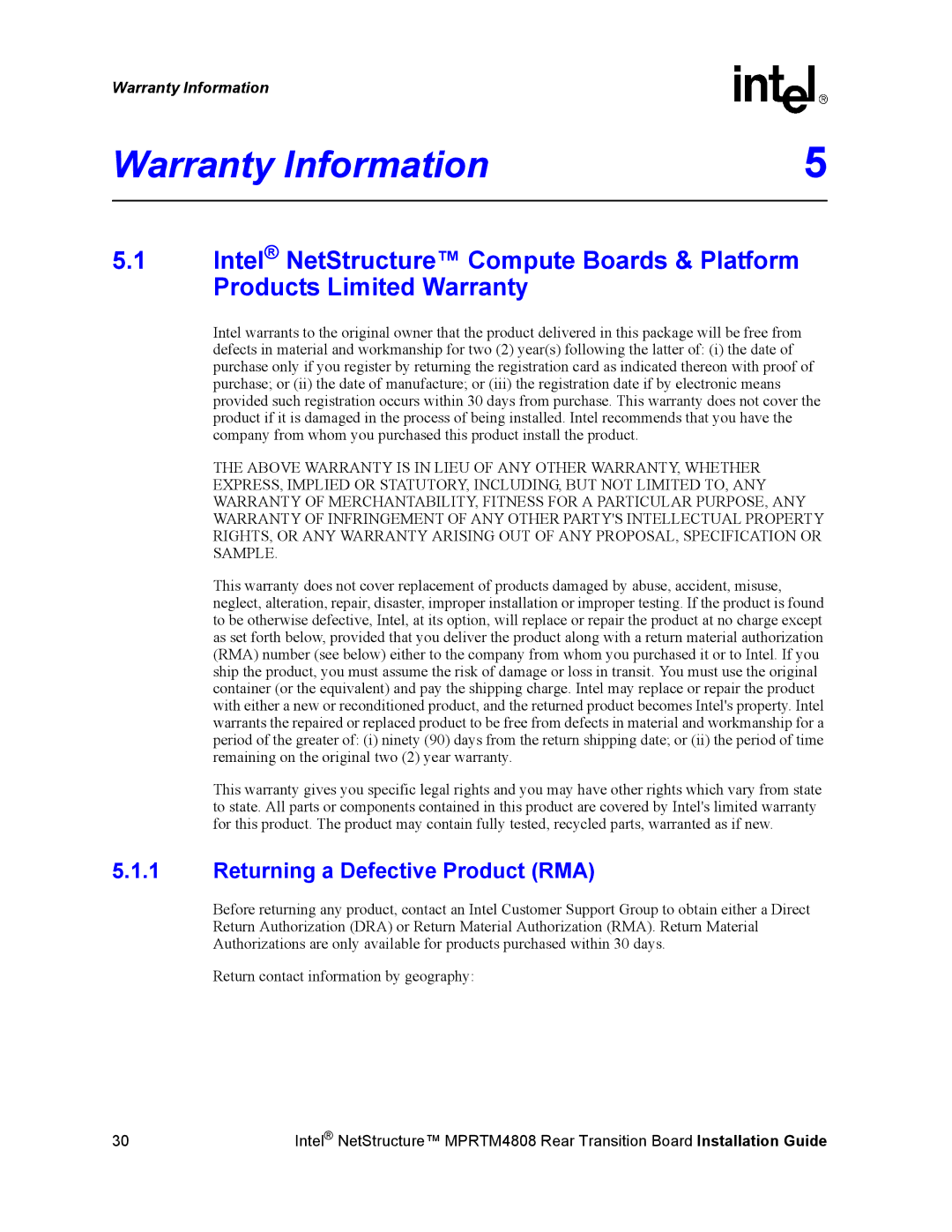 Intel MPRTM4808 manual Warranty Information, Returning a Defective Product RMA 