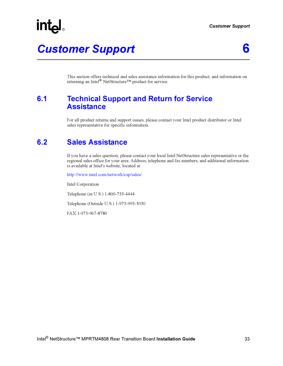 Intel MPRTM4808 manual Customer Support, Technical Support and Return for Service Assistance, Sales Assistance 