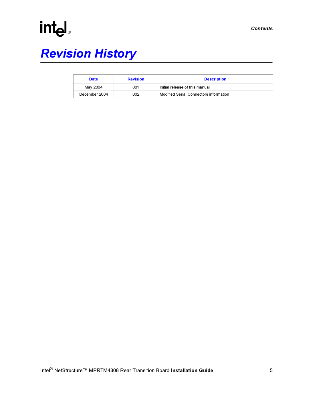 Intel MPRTM4808 manual Revision History, Date Revision Description 