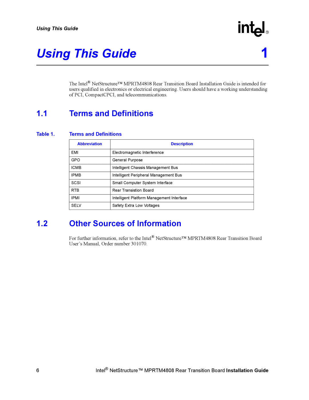 Intel MPRTM4808 manual Using This Guide, Terms and Definitions, Other Sources of Information 