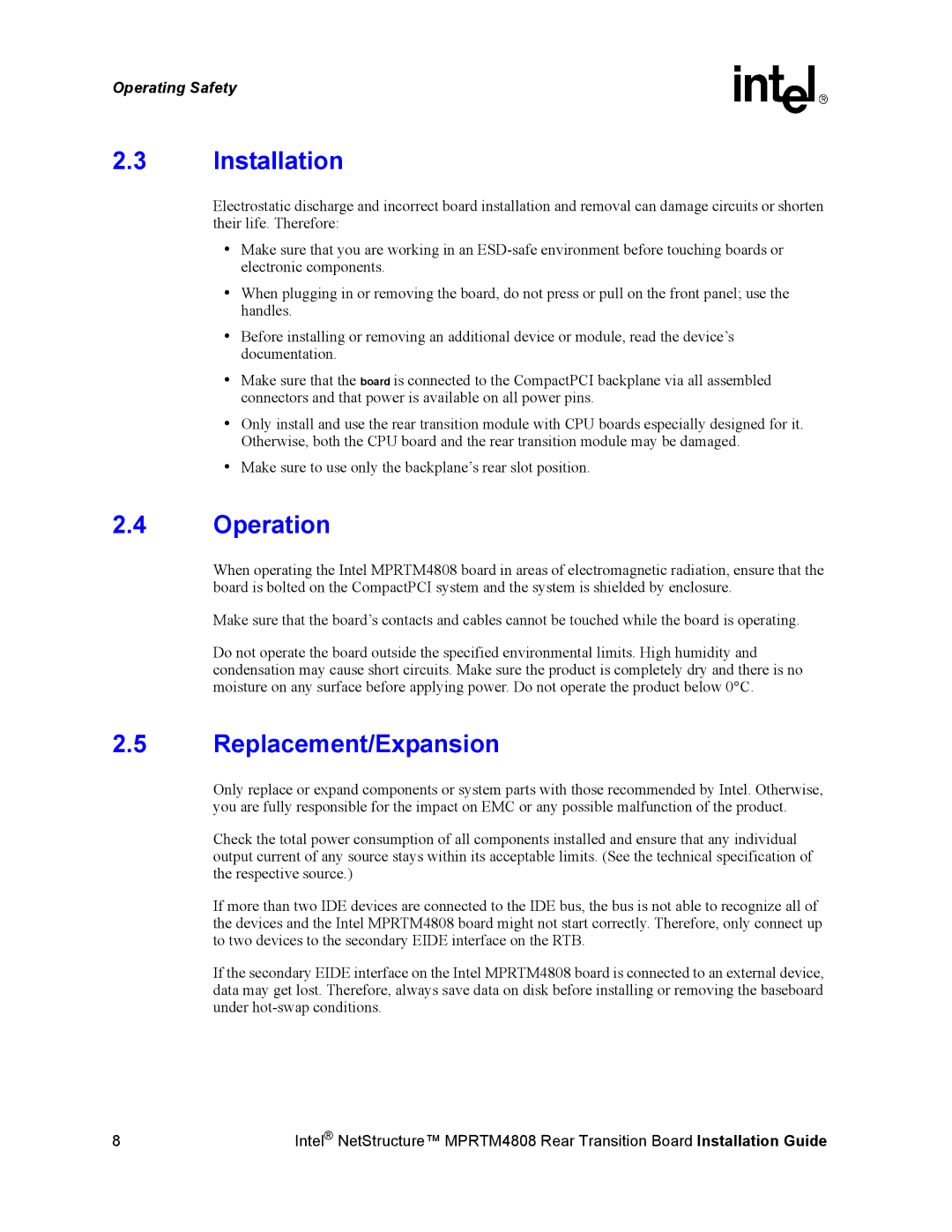 Intel MPRTM4808 manual Installation, Operation, Replacement/Expansion 