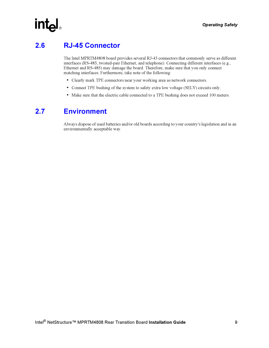 Intel MPRTM4808 manual RJ-45 Connector, Environment 