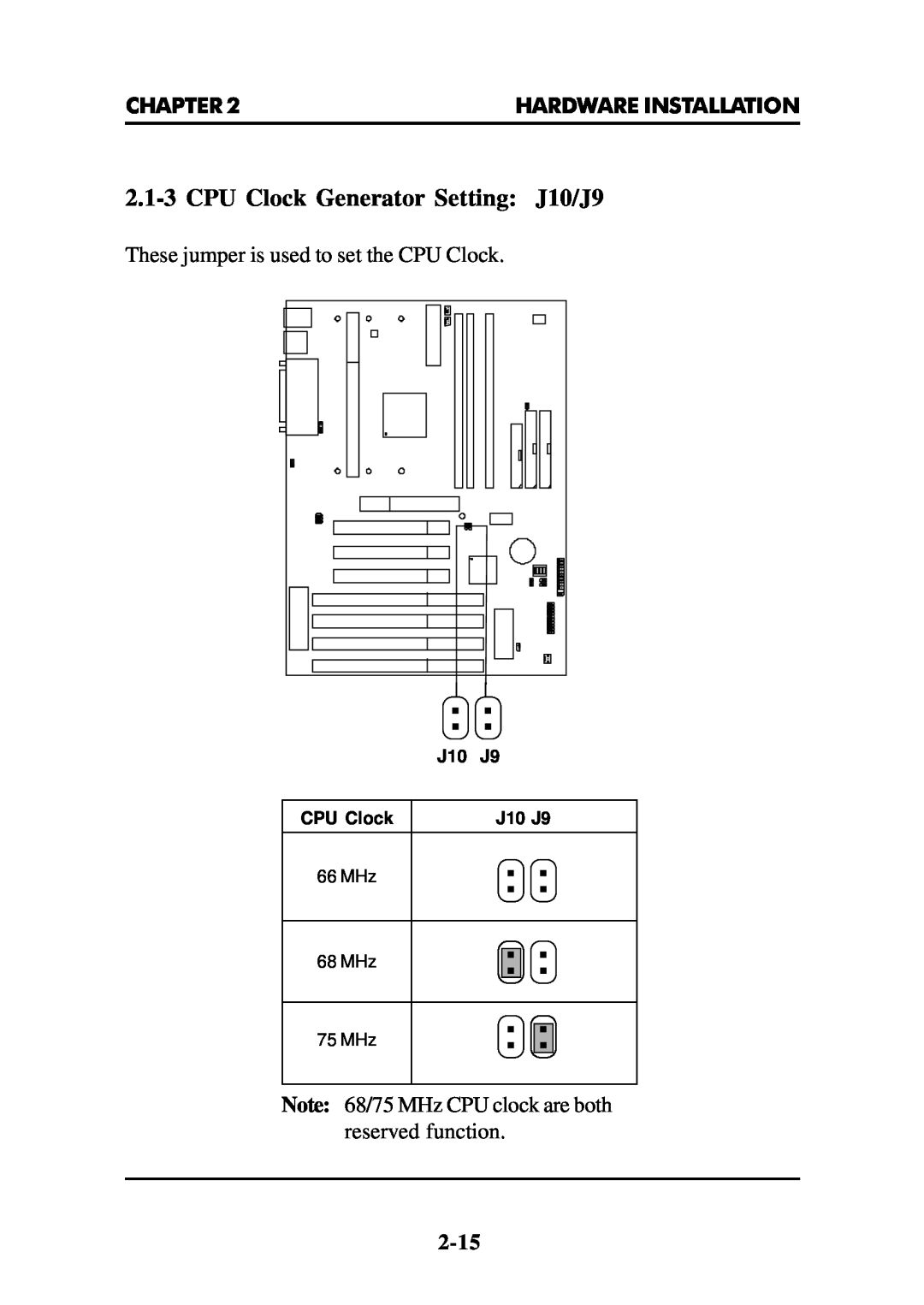 Intel MS-6112 manual 2.1-3CPU Clock Generator Setting J10/J9, Chapter, Hardware Installation 