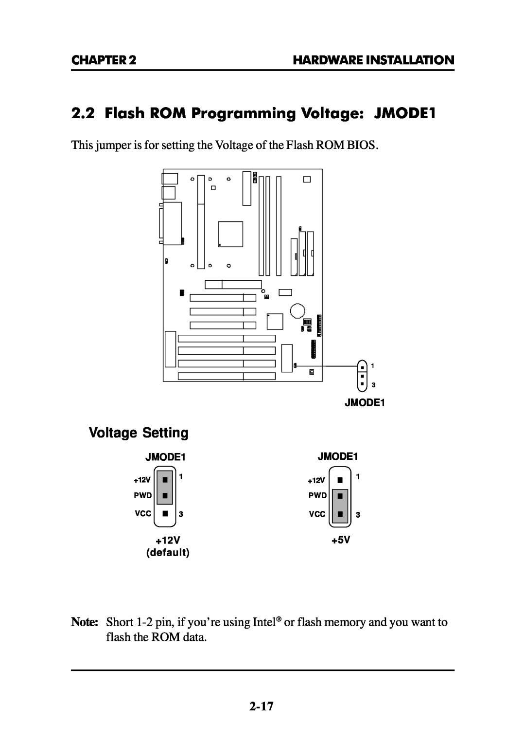Intel MS-6112 manual Flash ROM Programming Voltage JMODE1, Voltage Setting, +12V PWD VCC 