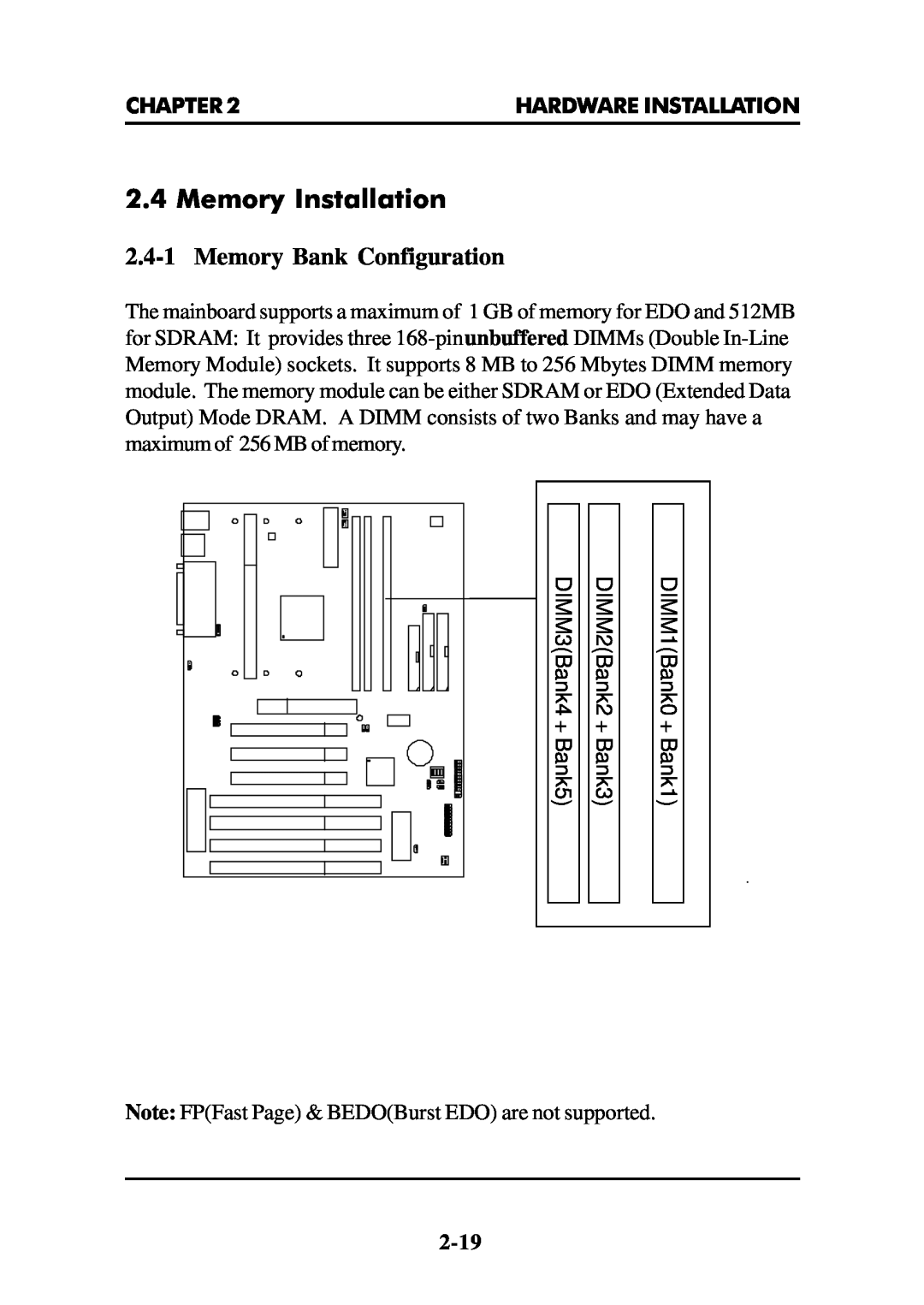 Intel MS-6112 manual Memory Installation, 2.4-1Memory Bank Configuration 