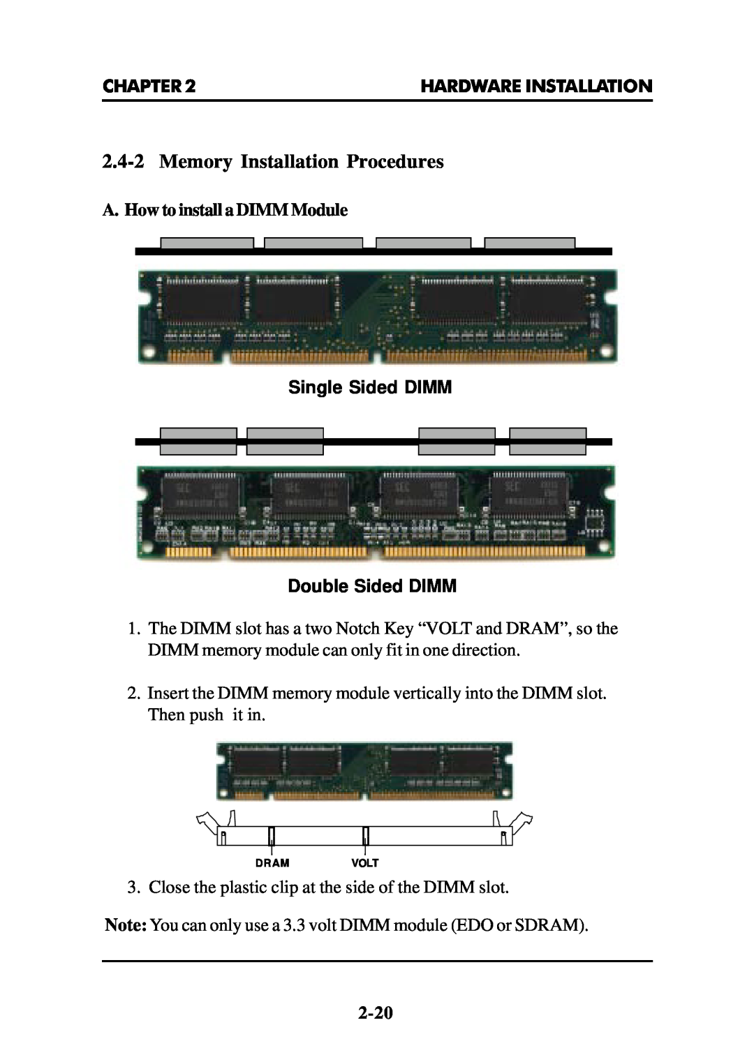 Intel MS-6112 2.4-2Memory Installation Procedures, Single Sided DIMM Double Sided DIMM, A. How to install a DIMM Module 