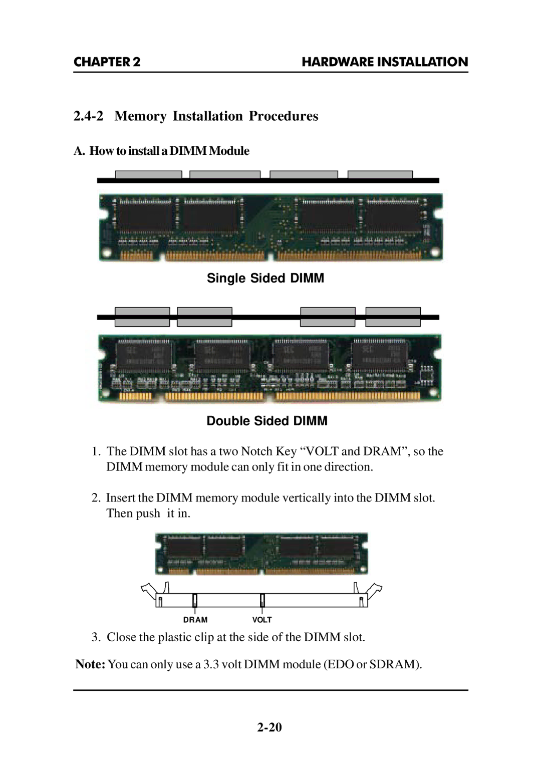 Intel MS-6112 manual Memory Installation Procedures, Single Sided Dimm Double Sided Dimm 