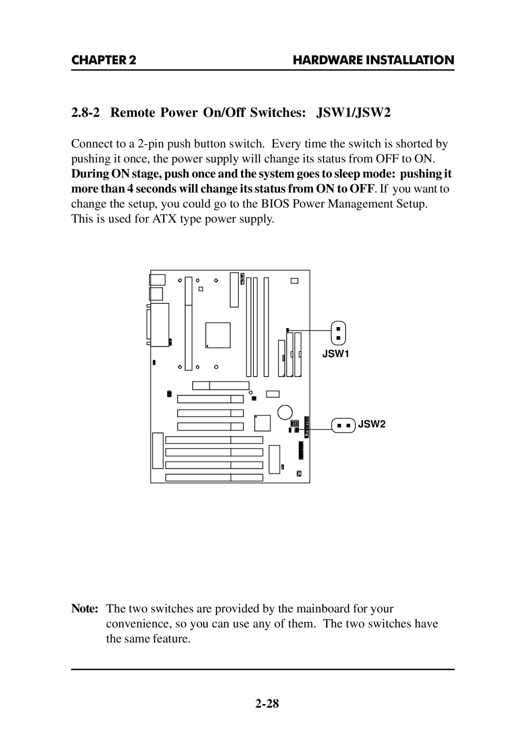 Intel MS-6112 manual Remote Power On/Off Switches JSW1/JSW2 