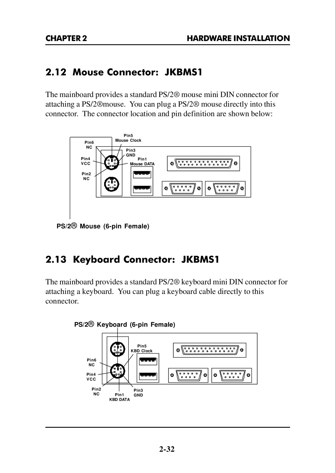 Intel MS-6112 manual Mouse Connector JKBMS1, Keyboard Connector JKBMS1 