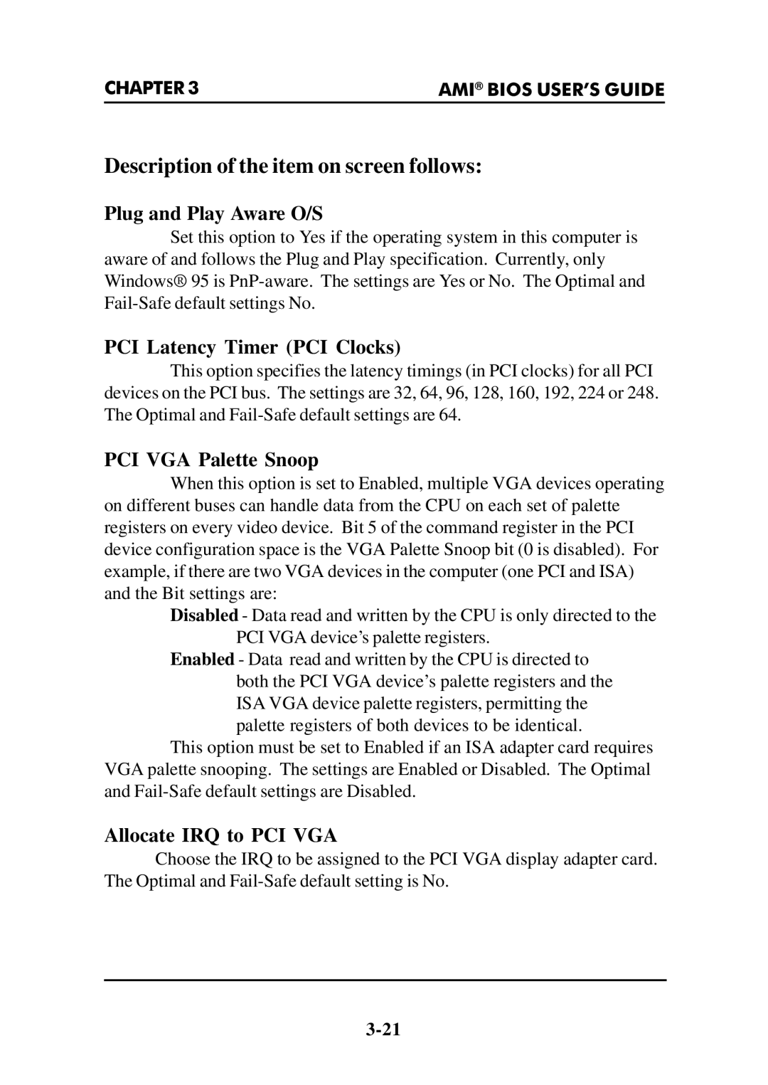 Intel MS-6112 manual Plug and Play Aware O/S, PCI Latency Timer PCI Clocks, PCI VGA Palette Snoop, Allocate IRQ to PCI VGA 