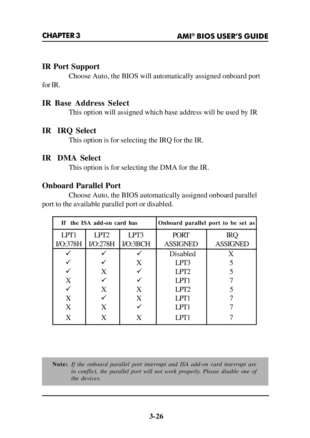 Intel MS-6112 manual IR Port Support, IR Base Address Select, IR IRQ Select, IR DMA Select, Onboard Parallel Port 