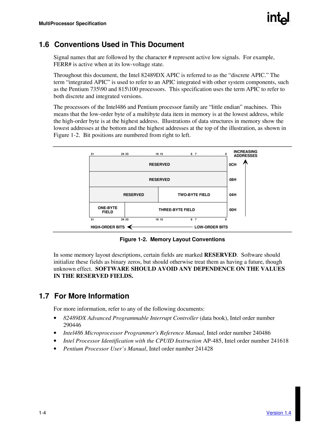 Intel MultiProcessor manual Conventions Used in This Document, For More Information, In The Reserved Fields 