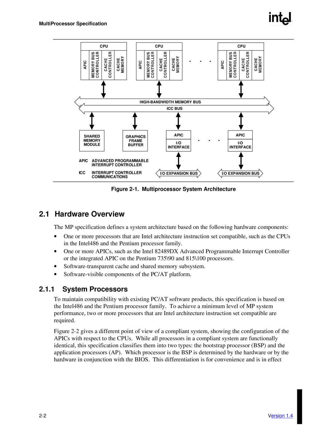 Intel MultiProcessor manual Hardware Overview, 2.1.1System Processors 