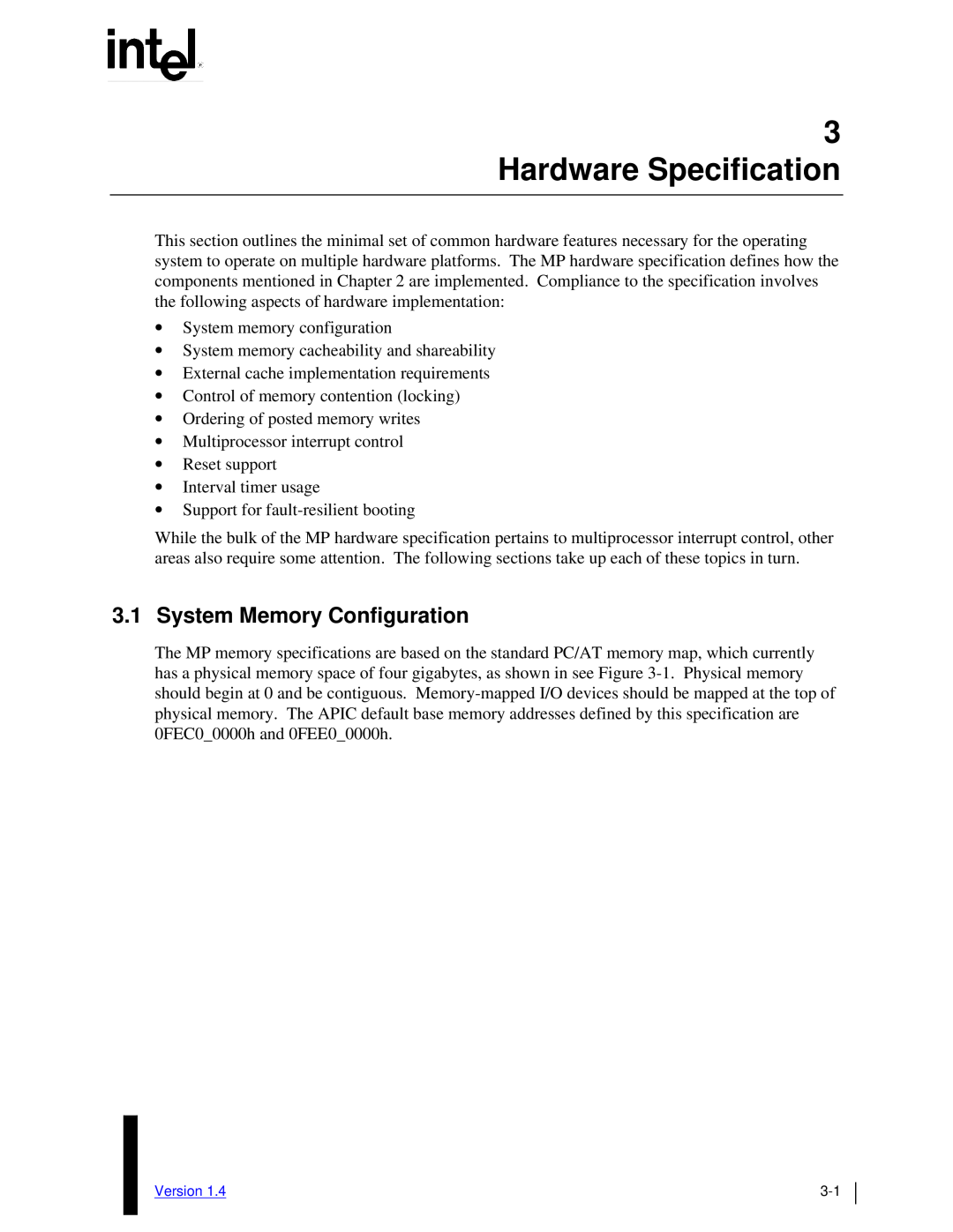 Intel MultiProcessor manual Hardware Specification, System Memory Configuration 