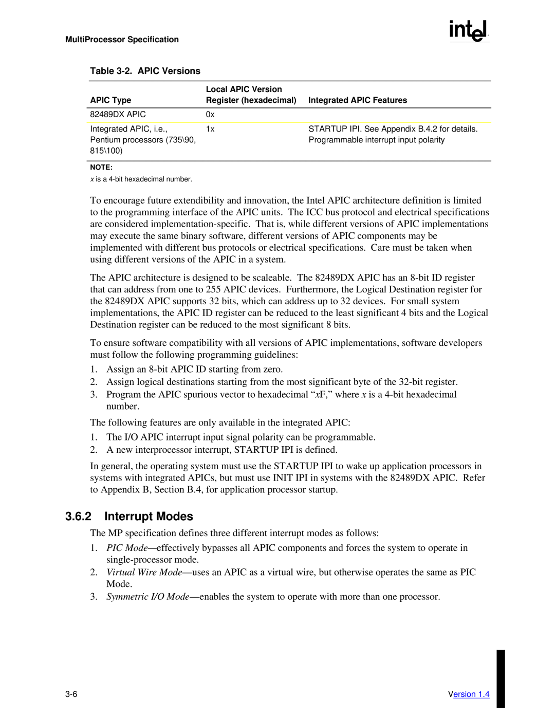 Intel MultiProcessor manual 3.6.2Interrupt Modes 