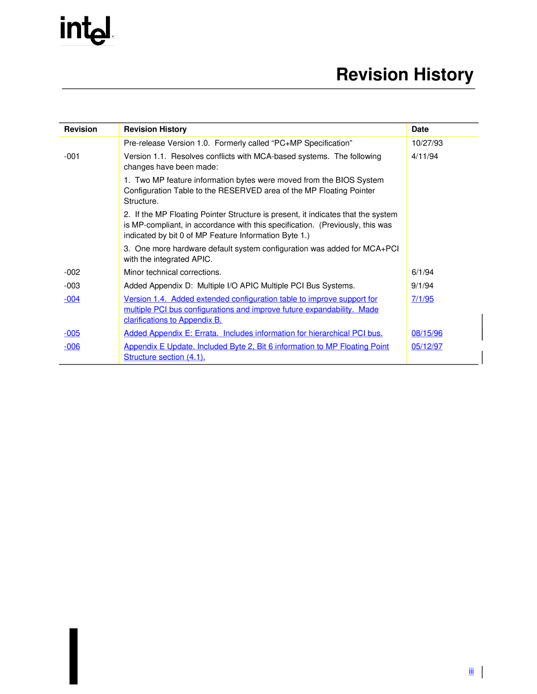 Intel MultiProcessor manual Revision History, Date 