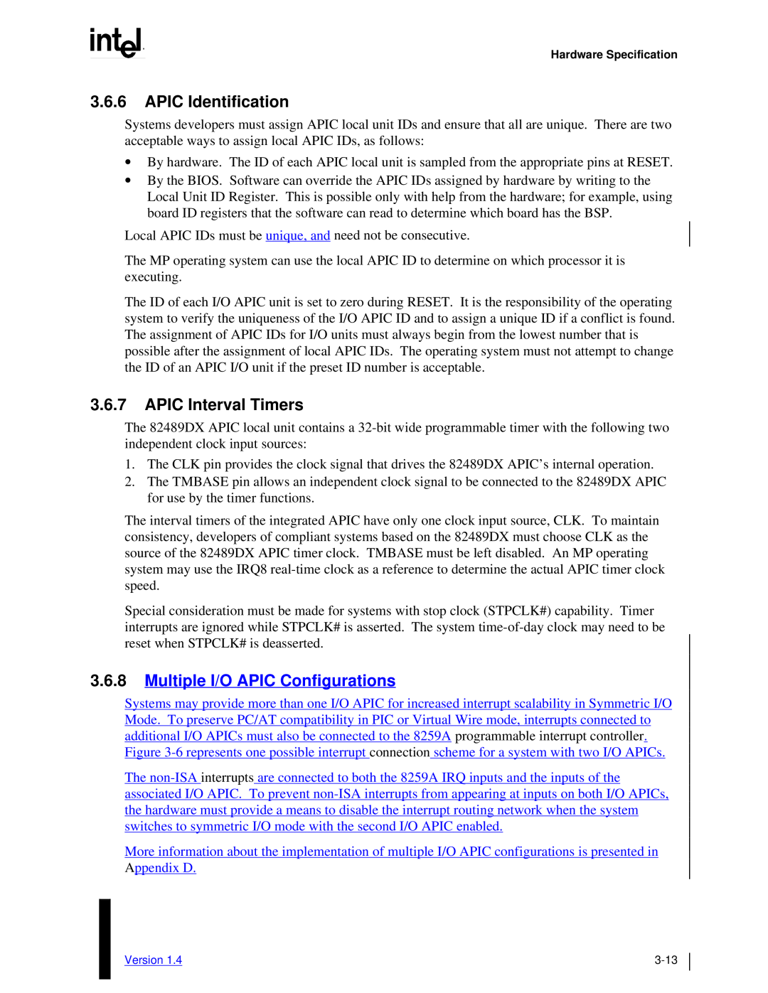 Intel MultiProcessor manual 3.6.6APIC Identification, 3.6.7APIC Interval Timers, 3.6.8Multiple I/O APIC Configurations 