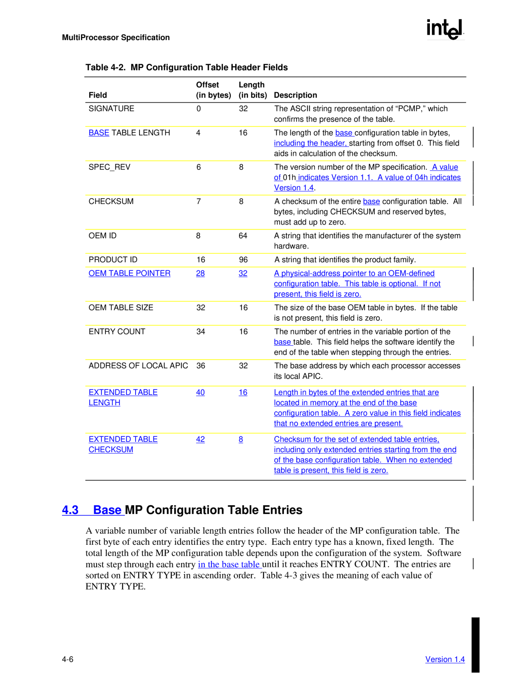 Intel MultiProcessor manual 4.3BaseMP Configuration Table Entries, Entry Type 