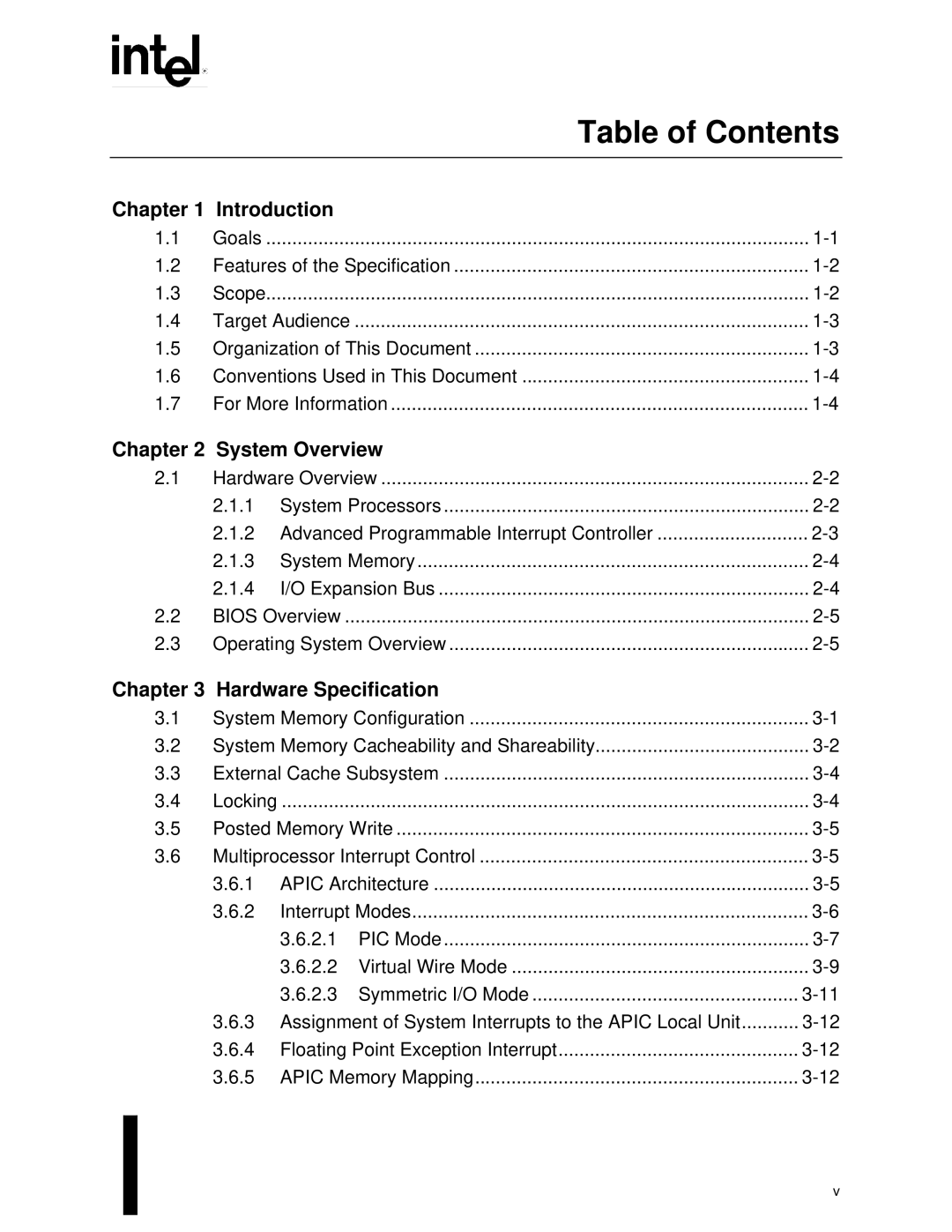 Intel MultiProcessor manual Table of Contents, Introduction, System Overview, Hardware Specification 