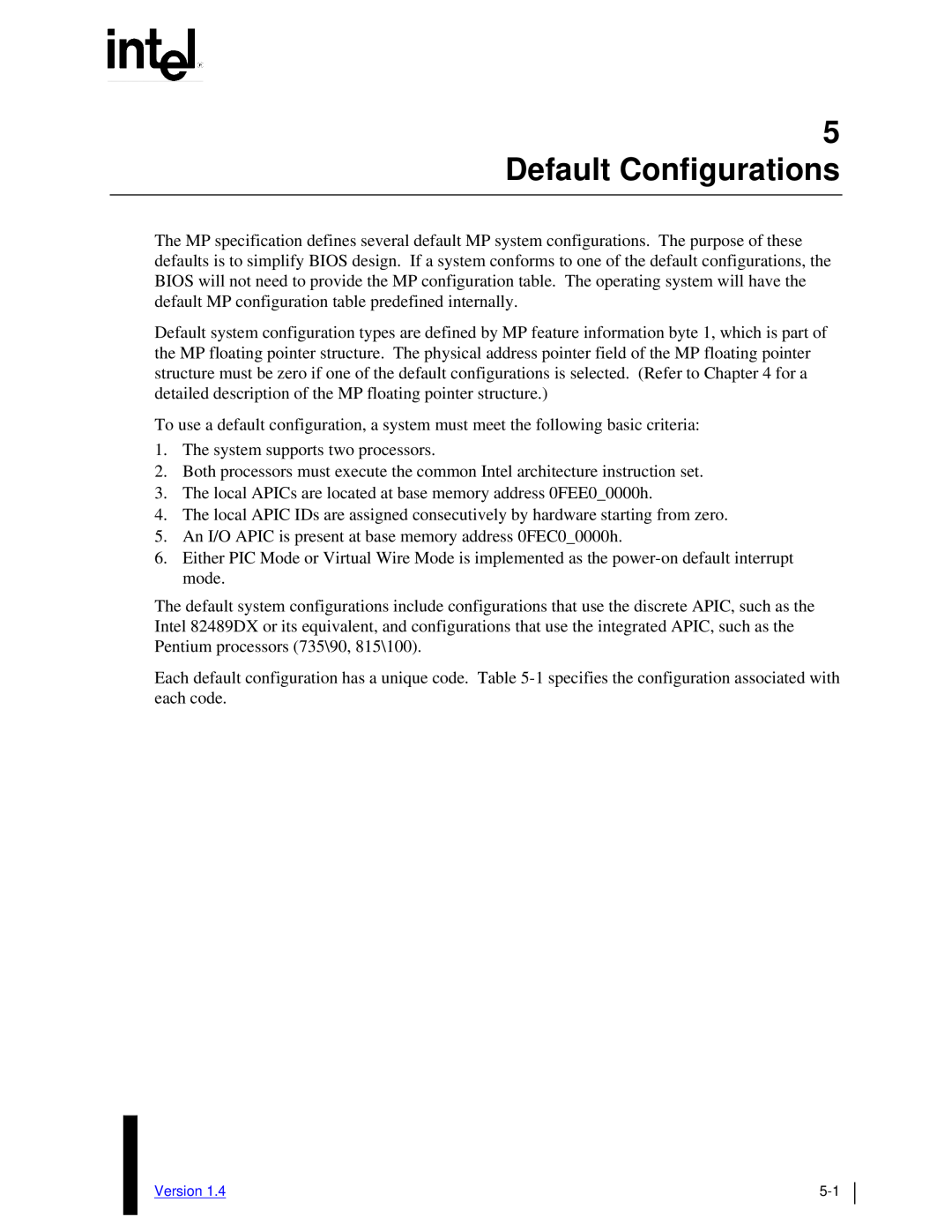 Intel MultiProcessor manual Default Configurations 