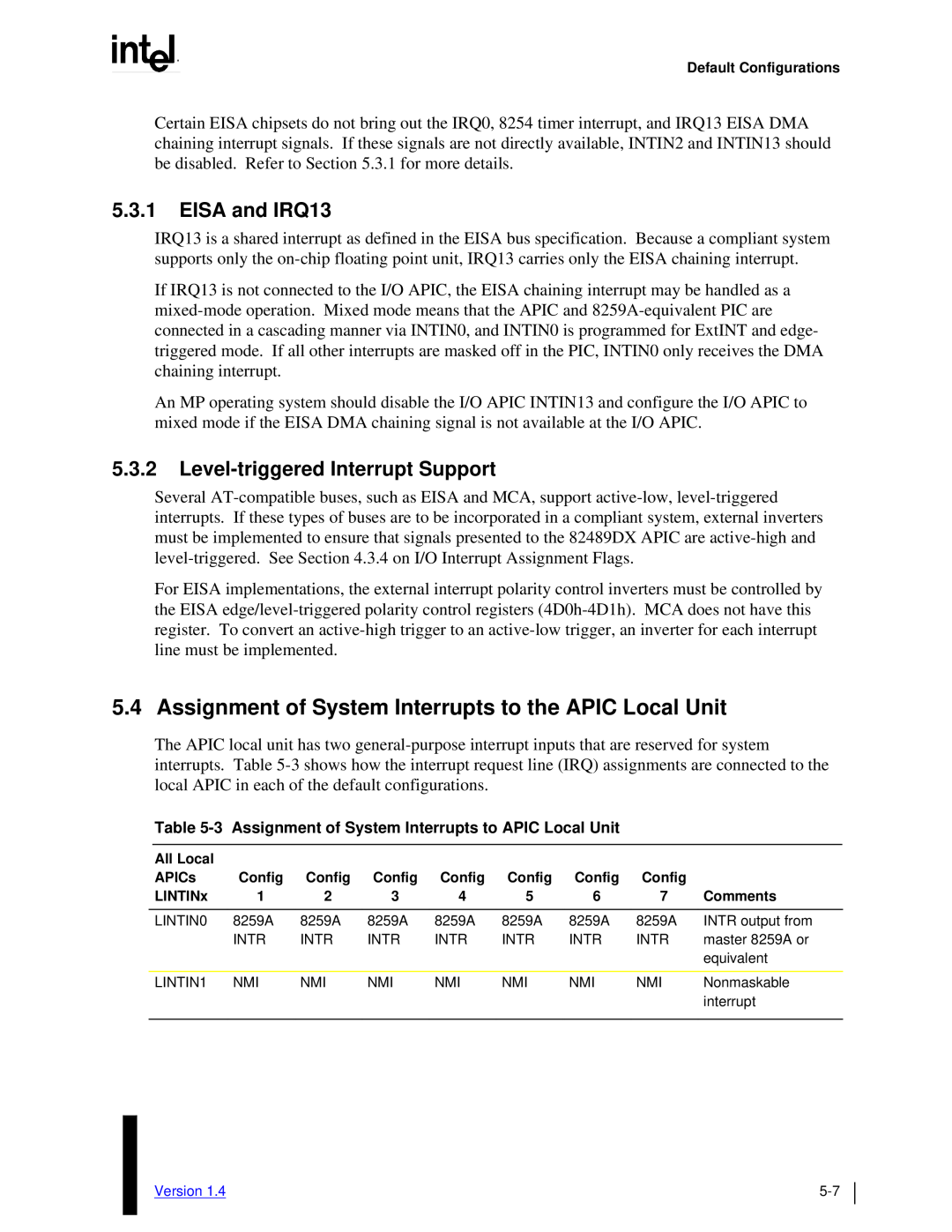 Intel MultiProcessor manual 5.3.1EISA and IRQ13, 5.3.2Level-triggeredInterrupt Support 