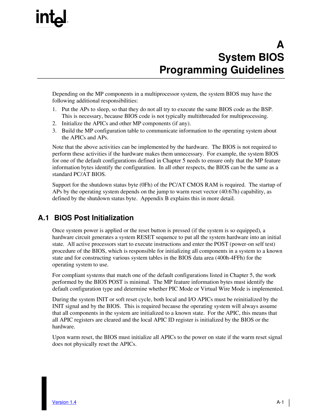 Intel MultiProcessor manual A System BIOS Programming Guidelines, A.1 BIOS Post Initialization 