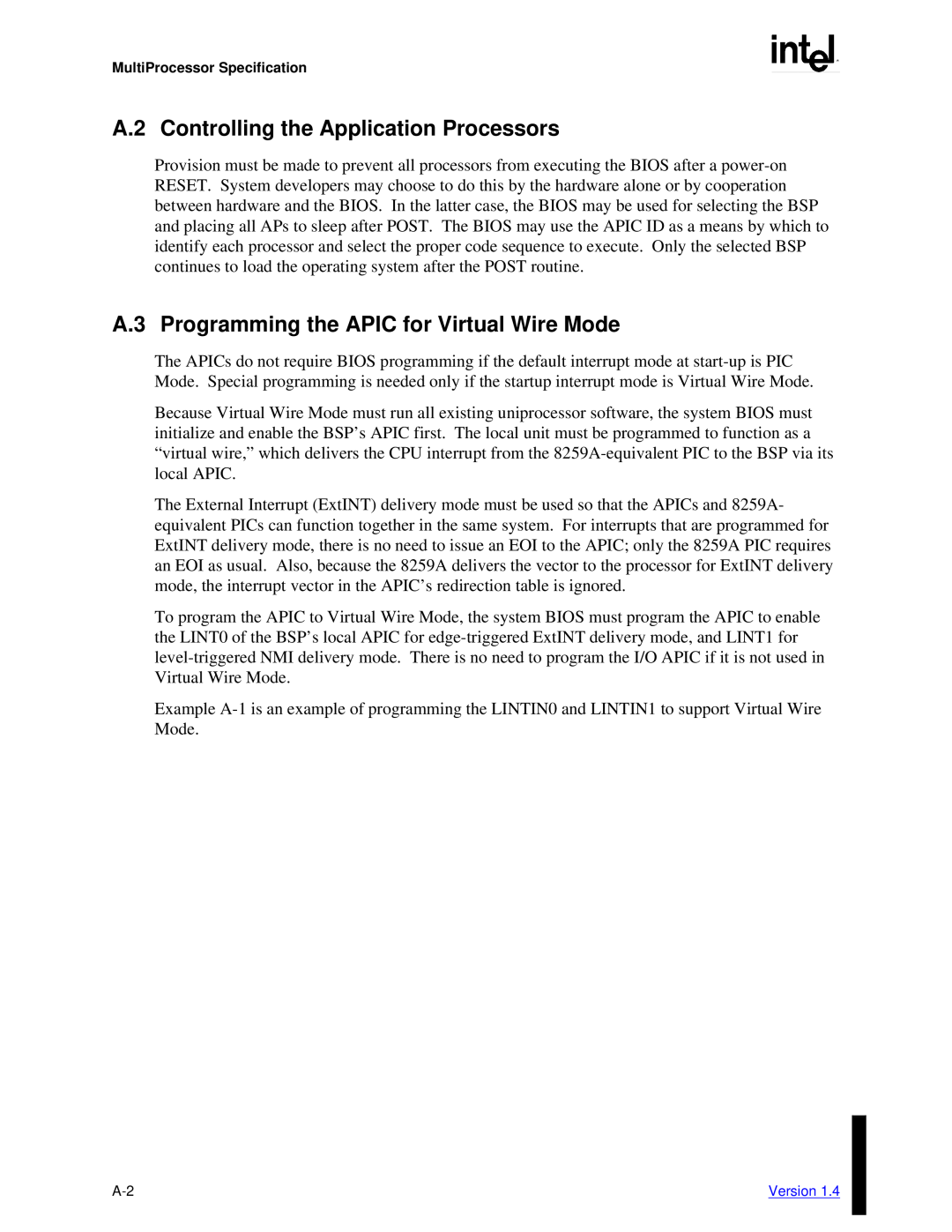Intel MultiProcessor manual A.2 Controlling the Application Processors, A.3 Programming the APIC for Virtual Wire Mode 