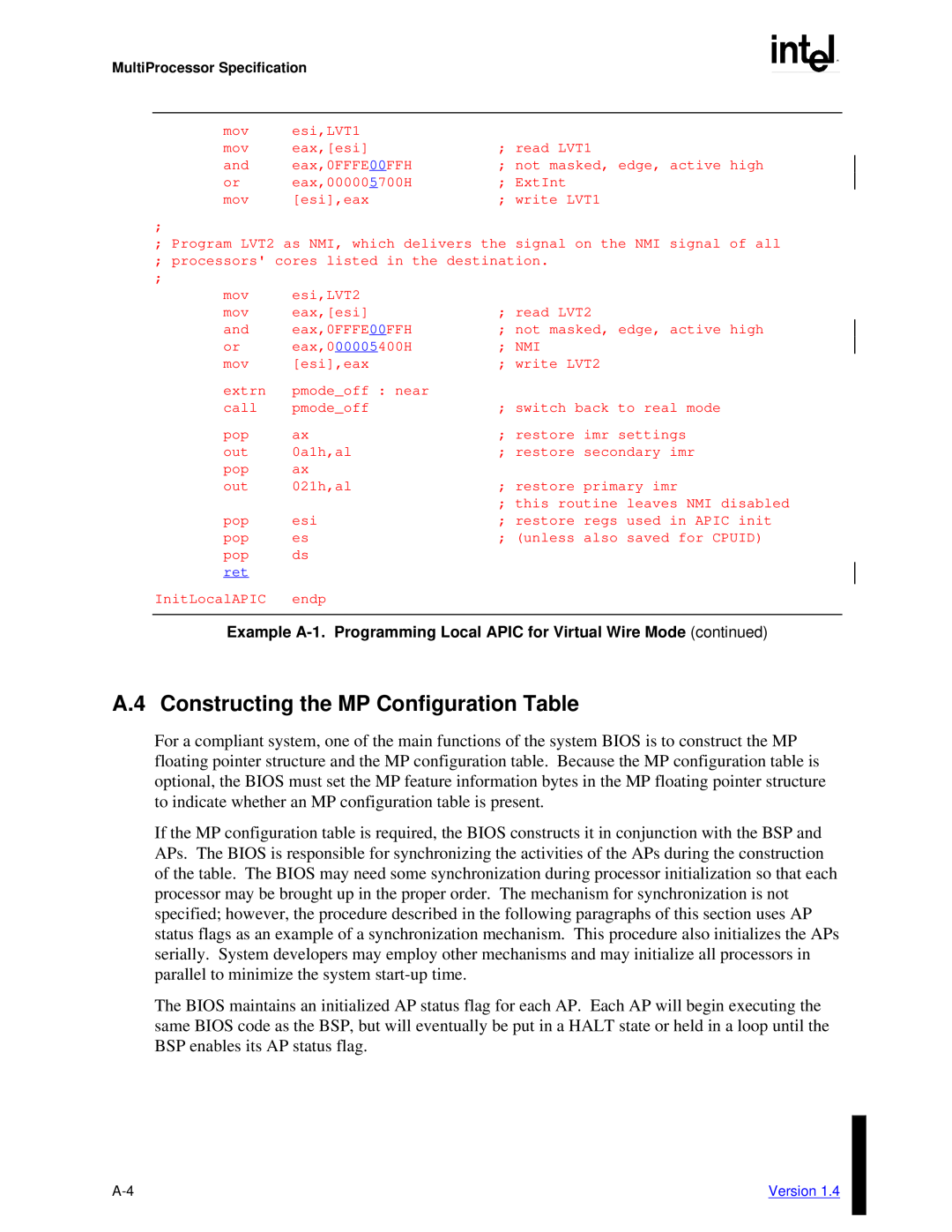 Intel MultiProcessor manual A.4 Constructing the MP Configuration Table 