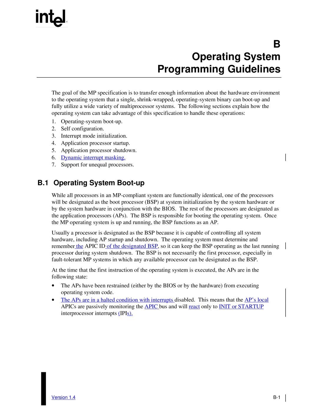 Intel MultiProcessor manual B Operating System Programming Guidelines, B.1 Operating System Boot-up 