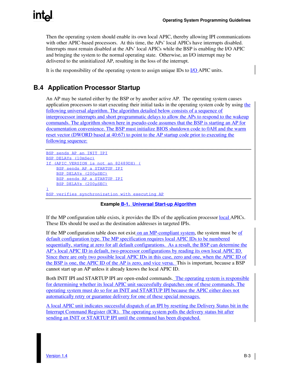 Intel MultiProcessor manual B.4 Application Processor Startup, Example B-1.Universal Start-upAlgorithm 