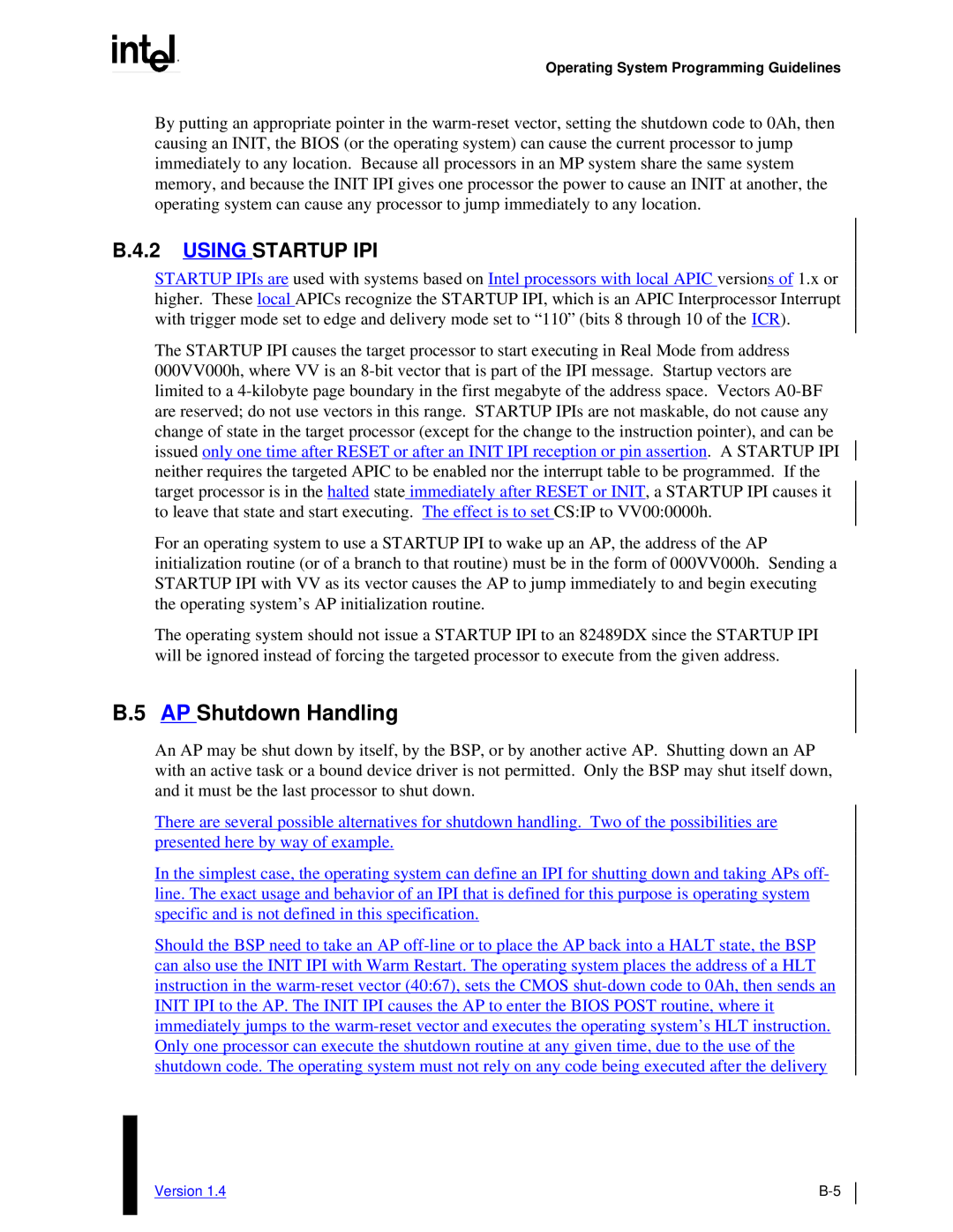 Intel MultiProcessor manual B.5 APShutdown Handling, B.4.2 USINGSTARTUP IPI 