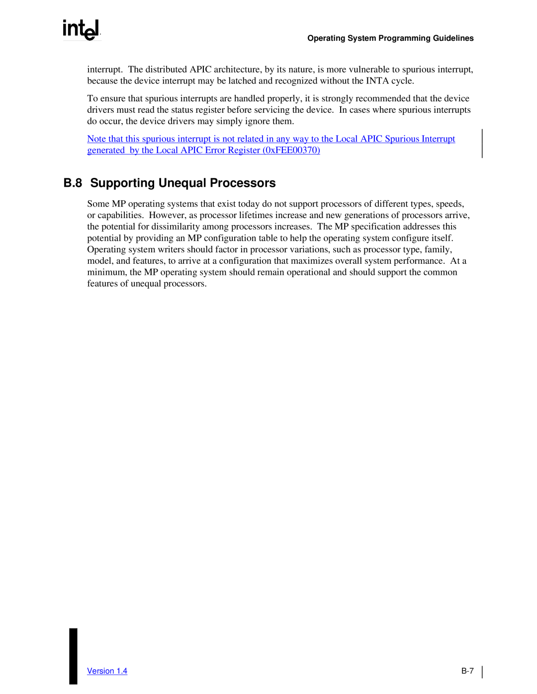 Intel MultiProcessor manual B.8 Supporting Unequal Processors, Version 