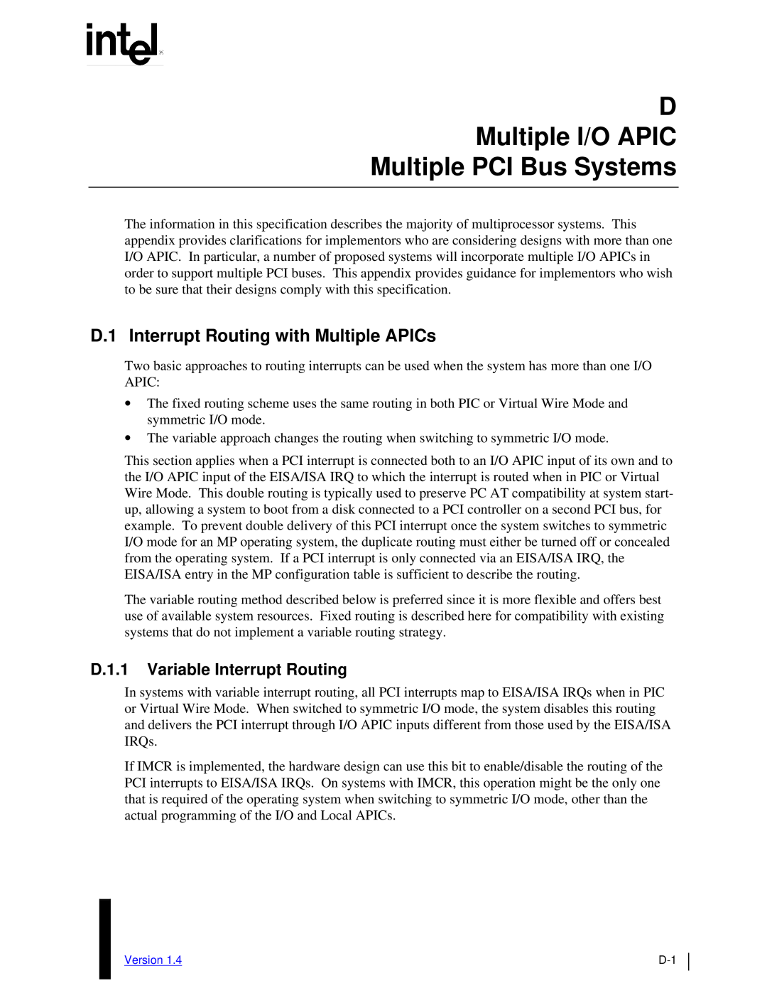 Intel MultiProcessor manual D Multiple I/O APIC Multiple PCI Bus Systems, D.1 Interrupt Routing with Multiple APICs 