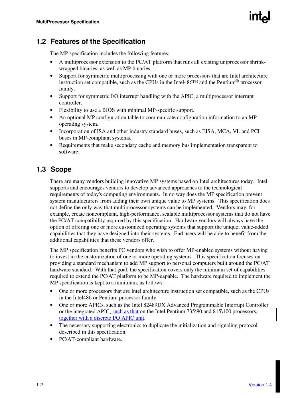 Intel manual Features of the Specification, Scope, MultiProcessor Specification 